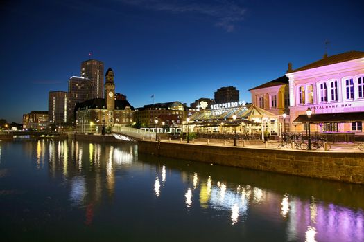 MALMO, SWEDEN - AUGUST 16, 2016: View of beautiful night scene and Bagers bro bridge from street Norra Vallgatan in Malmo, Sweden on August 16, 2016.