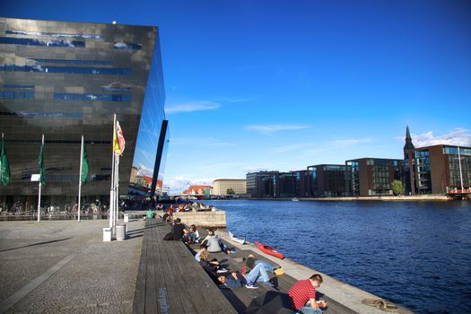 COPENHAGEN, DENMARK - AUGUST  16, 2016:  The Black Diamond, The Copenhagen Royal Library (Det Kongelige Bibliotek) is the national library of Denmark in Copenhagen, Denmark on August 16, 2016.