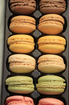 Macarons in different colors and flavors in a plastic tray