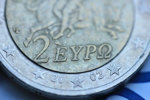 Extreme close up of a Greek two euro coin