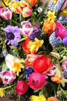 Colorful mixed bouquet with various spring flowers