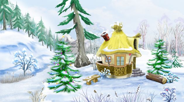 Green Spruces near a Fairy Tale House in a Winter Forest at  New Year Eve. Handmade illustration in a classic cartoon style.