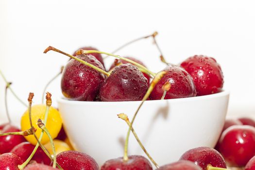 Photographed close-up ripe red cherries covered with drops of water, little depth of field, berries are on a wooden table in a white bowl