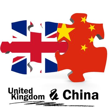 China and United Kingdom Flags in puzzle isolated on white background, 3D rendering