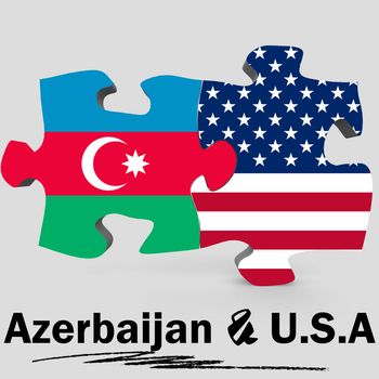 USA and Azerbaijan Flags in puzzle isolated on white background, 3D rendering