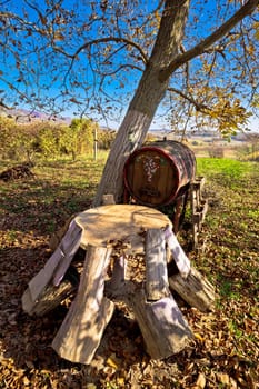 Wooden seat and barrel in vineyard autumn view, Prigorje, Croatia