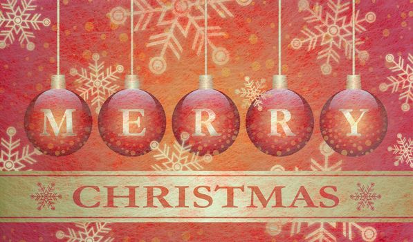 Grey fiber fabric and red glitter film and christmas balls and the words Merry Christmas, christmas card