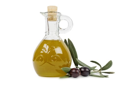 olive oil, olives and olive branch isolated on white background