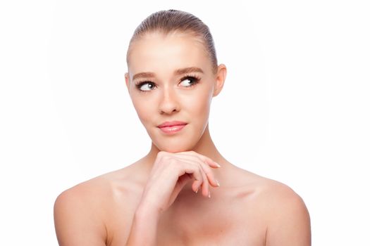 Beautiful clean face of woman looking to side, aesthetics exfoliating skincare concept, on white.