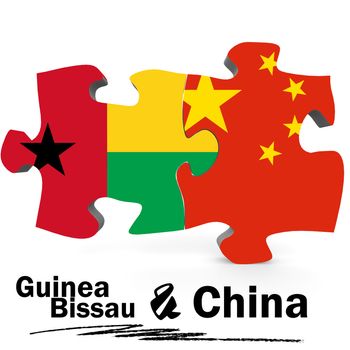 China and Guinea Bissau Flags in puzzle isolated on white background, 3D rendering