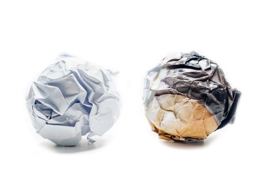 A screwed up piece of paper in ball shape., Crumpled sheet of paper isolated ., Junk paper can be recycle on white background