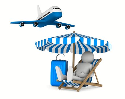 Man on deckchair and luggage on white background. Isolated 3D image