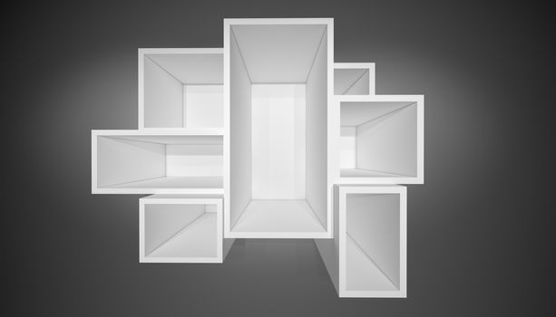 Illuminated white shelf for presentations. Gray background. 3D illustration