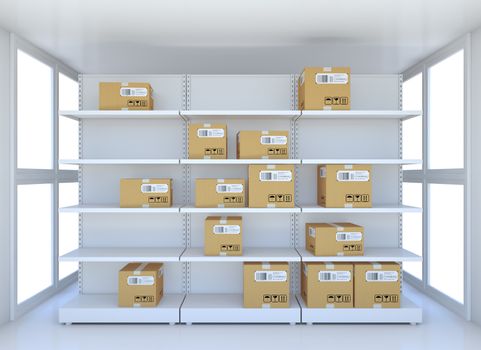 White room with steel shelves and cardboard boxes. 3D illustration