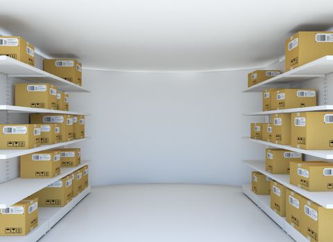 White room with steel shelves and cardboard boxes. 3D illustration