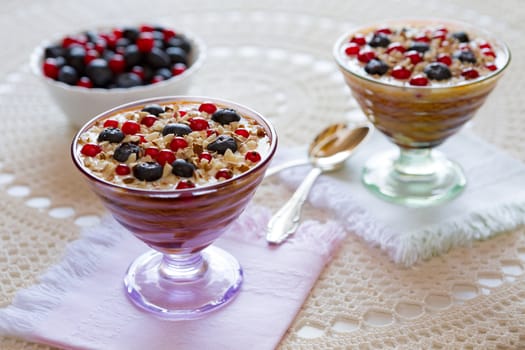 Two yogurt dessert with berries and almonds over a tablecloth
