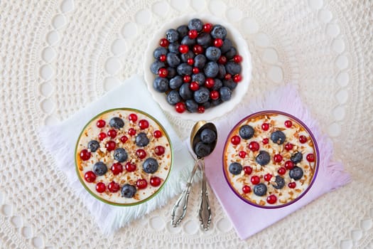 Two yogurt dessert with berries and almonds seen from above