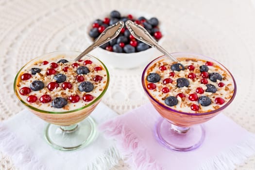 Two yogurt dessert with berries, almonds and spoons with berries on background