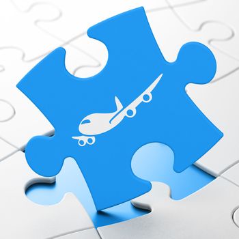 Tourism concept: Airplane on Blue puzzle pieces background, 3D rendering