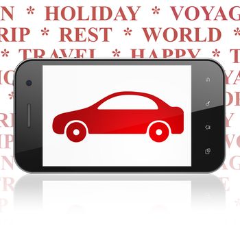 Travel concept: Smartphone with  red Car icon on display,  Tag Cloud background, 3D rendering