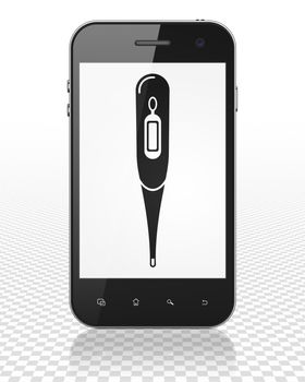 Health concept: Smartphone with black Thermometer icon on display, 3D rendering