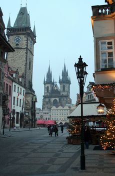 Morning landscape of Staromestske Square in the city of Prague with New Year's registration
