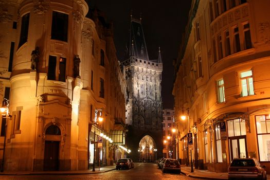 Powder tower in the city of Prague in evening lighting