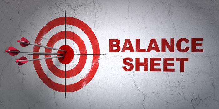 Success currency concept: arrows hitting the center of target, Red Balance Sheet on wall background, 3D rendering