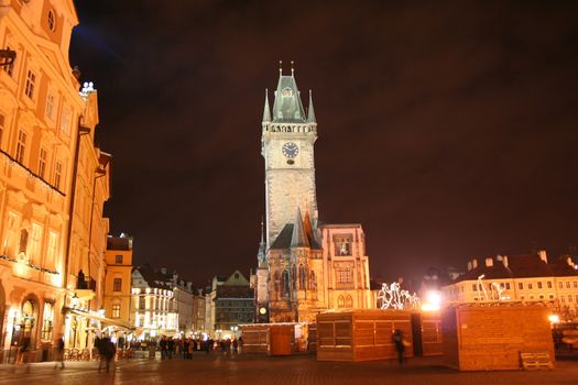 Evenings  Staromestske Square in Prague for New year with Christmas fair