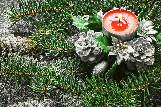 Spruce branches and Christmas candle on dark background