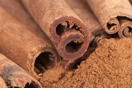 Cinnamon sticks and powder isolated on white background, close up.