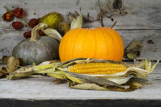 Happy Thanksgiving Day, Decoration on a wooden table with Pumpkins, Corncob and autumn leaves