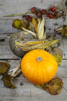 Happy Thanksgiving Day, Decoration on a wooden table with Pumpkins, Corncob and autumn leaves