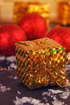 Christmas decorative gift box, ball on black background