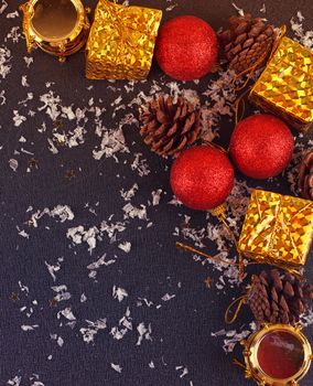 Christmas decorative gift box, ball on black background