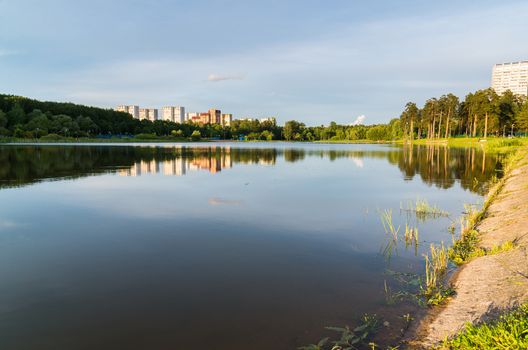 School Lake in sunset light in Zelenograd of Moscow, Russia