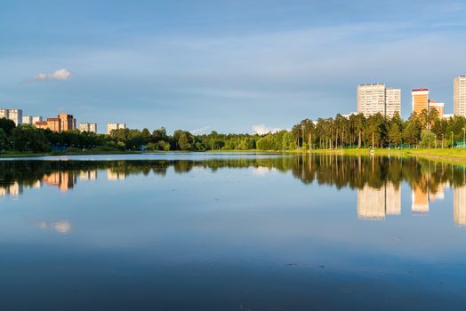 School Lake in sunset light in Zelenograd of Moscow, Russia