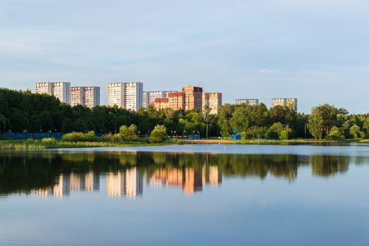 Sunset on the School Lake in Zelenograd district of Moscow, Russia