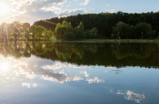 Sunset on the School Lake in Zelenograd district of Moscow, Russia