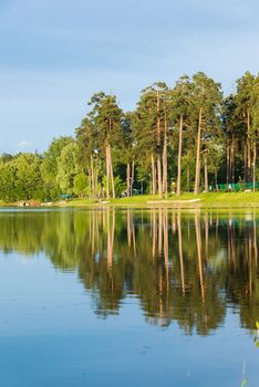 Sunset on the School Lake in Zelenograd district of Moscow, Russia