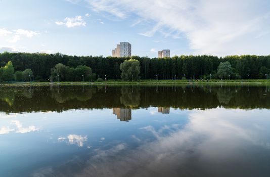 Sunset on the School Lake in Zelenograd district of Moscow, Russia