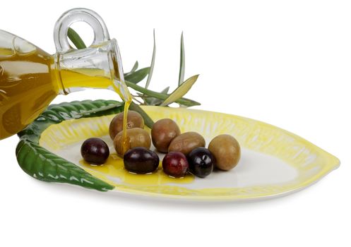 olive oil, olives and olive branch, isolated on white background