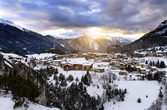 View of Aussois village at sunset, France