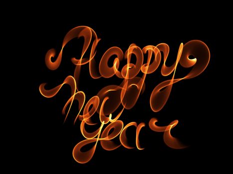 Happy new year isolated words lettering written with fire flame or smoke on black background.