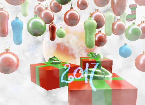 Christmas New Year colorful red and green gift boxes with bows of ribbons on background of colorful balls decorations . Greeting card with holiday tinsel. 3d illustration.
