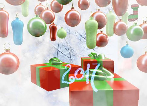 Christmas New Year colorful red and green gift boxes with bows of ribbons on background of colorful balls decorations . Greeting card with holiday tinsel. 3d illustration.