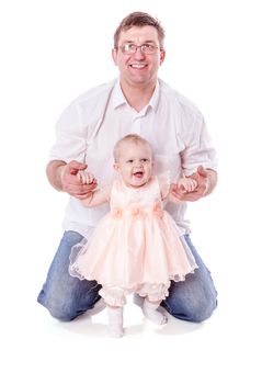 Father with baby girl posing isolated on white