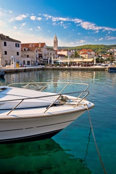 Town of Supetar turquoise waterfront vertical view, island of Brac, Dalmatia, Croatia