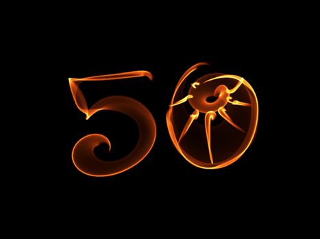 50 years isolated numbers lettering written with fire flame or smoke on black background.