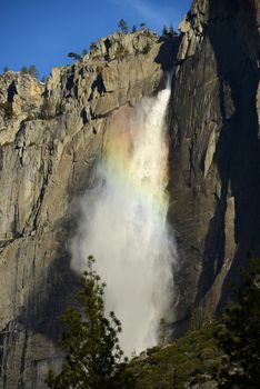 yosemite falls with rainbow in the morning